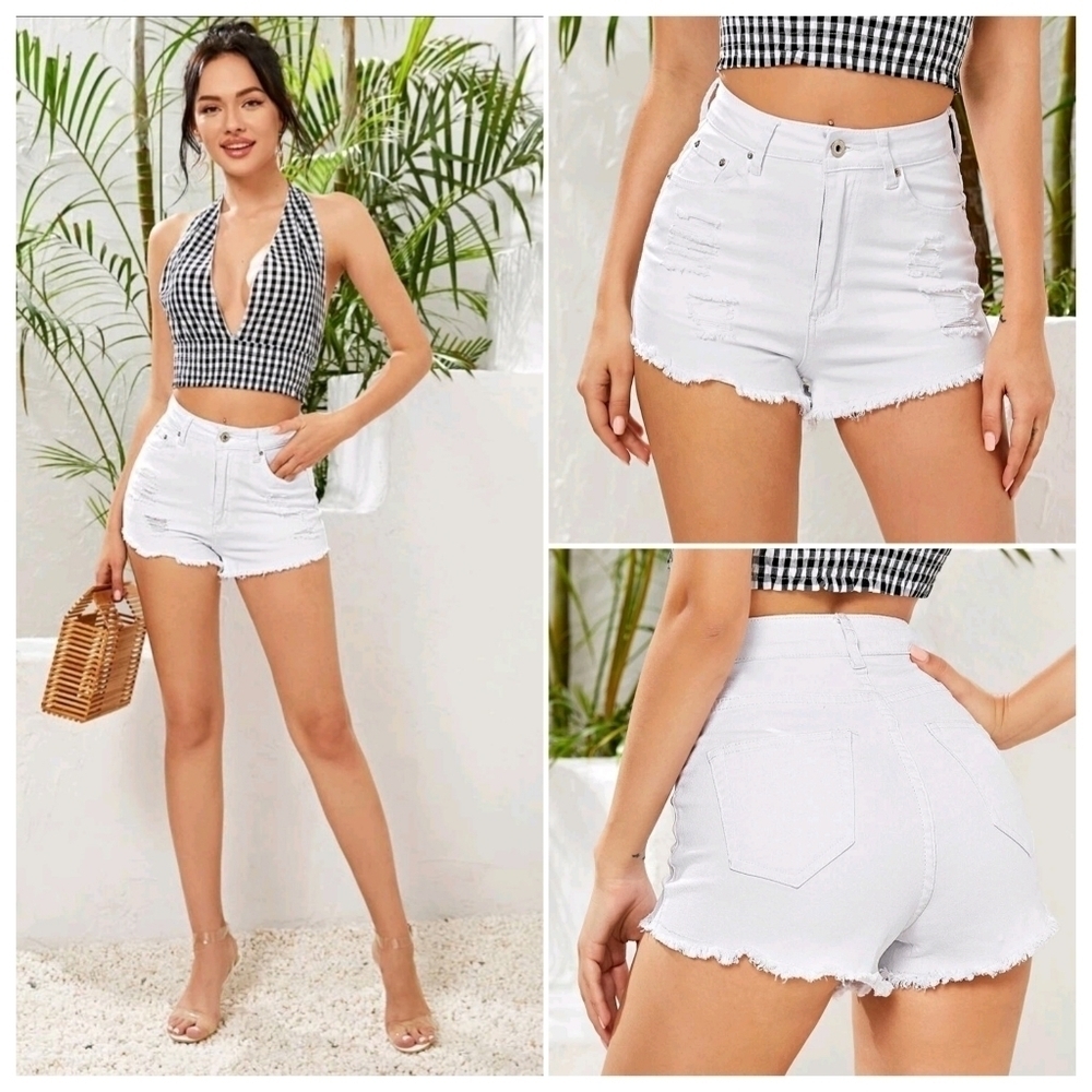 SHEIN Frayed Hem Distressed White Denim Shorts